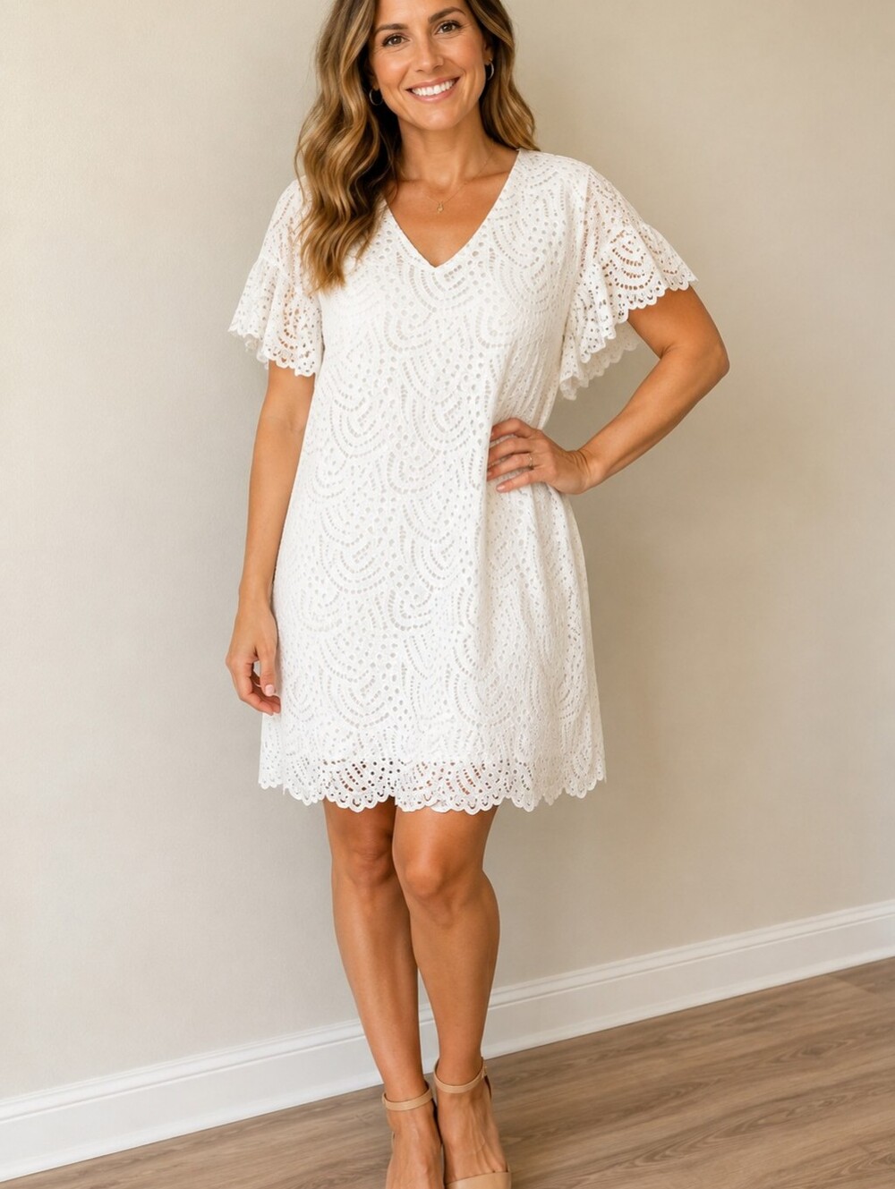 Worthington White Eyelet Lace Sleeveless Top Scalloped V-Neck Shell Summer Sz S